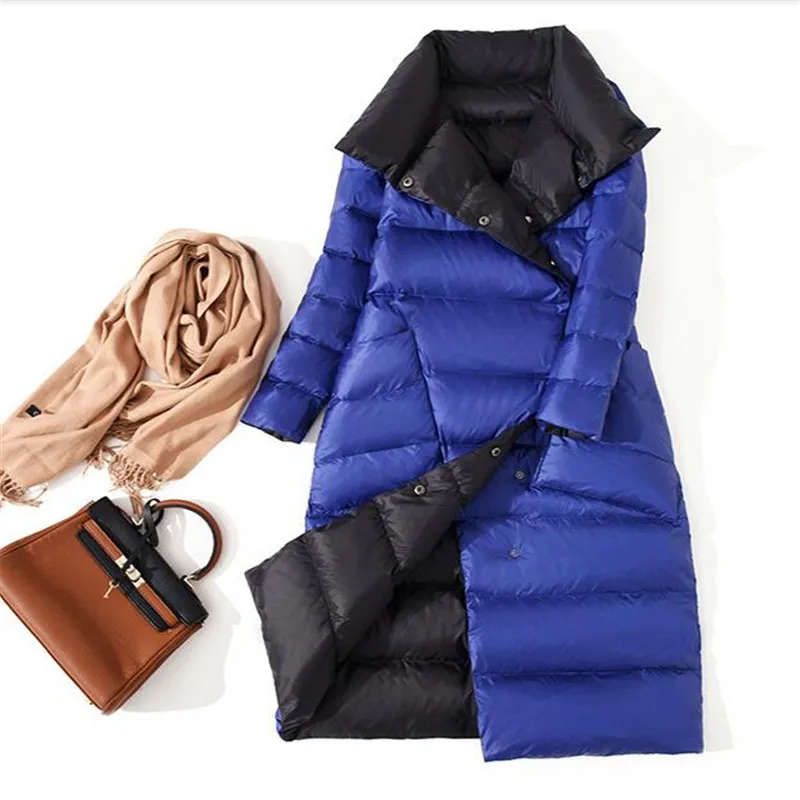 

New White Duck Down Ultra Light Jacket Women Winter Double Sided Slim Down Coat Single Breasted long Parkas
