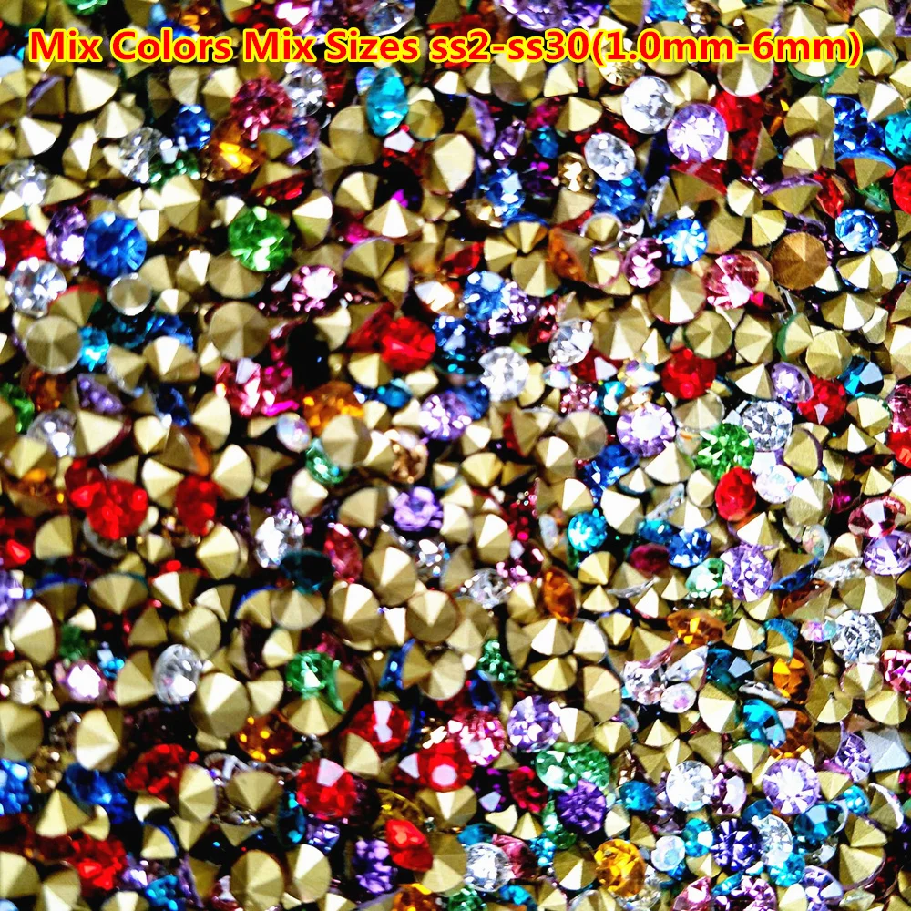 

1440pcs ss2 - ss30 Mix Colors Pointback Crystal Rhinestones Mix Sizes Round Crystals Nail Stones Strass Decorations Nail Art