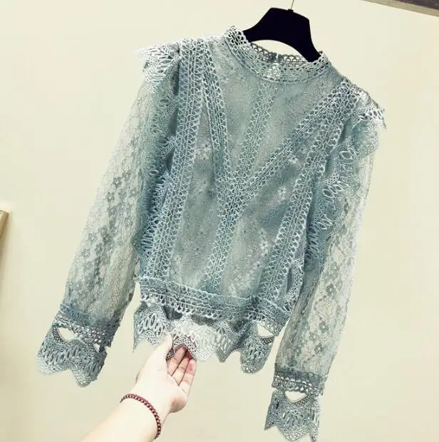 

Women's Spring Autumn Vintage Lace Shirt Female Sexy Elegant Mesh Tops Basic Tees TB652