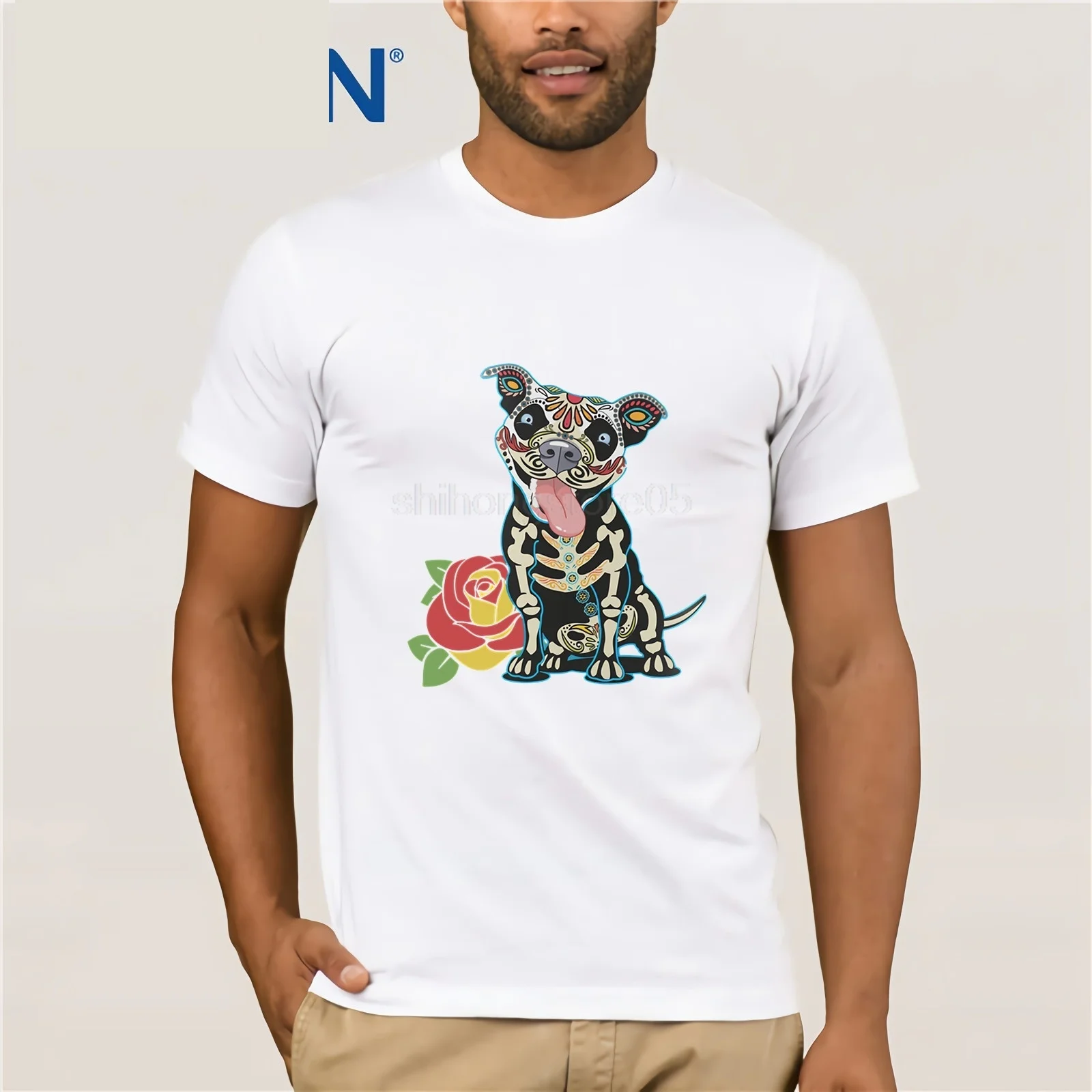 Day of The Dead Pitbull Tshirt T-shirt t shirts Short Casual Cotton O-Neck Broadcloth | Мужская одежда