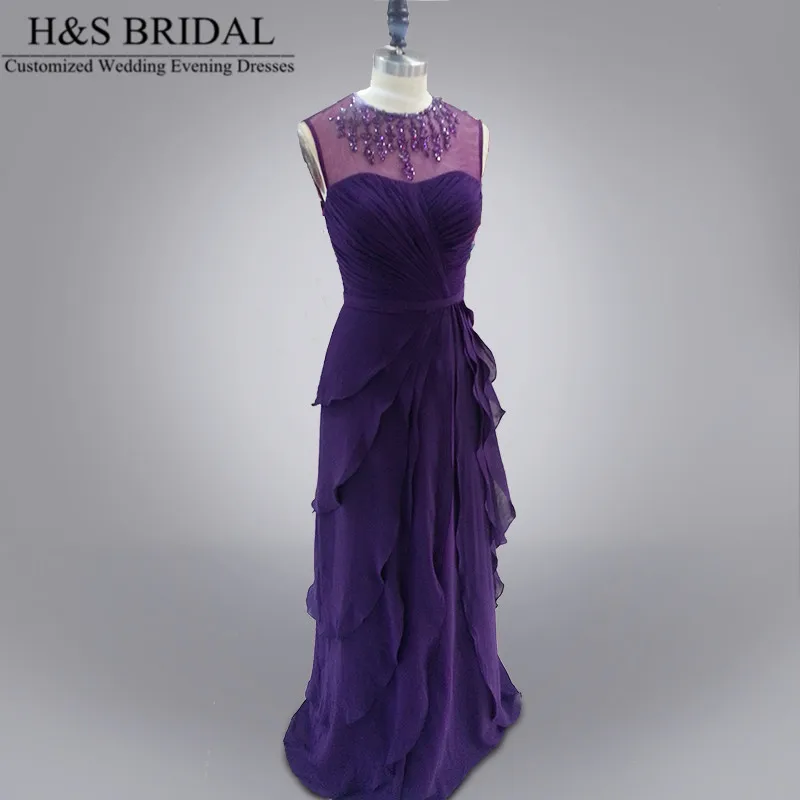 

Real photo Formal Evening Gown Purple Neck Beaded Chiffon long evening gown