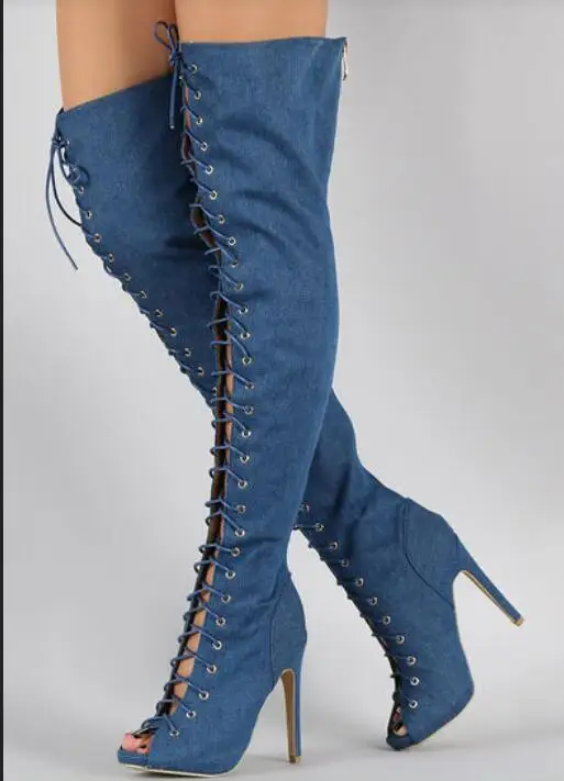 

New designer lace-up thigh high stiletto heel denim boots high quality fish mouth gladiator sandal autumn winter boot big size43