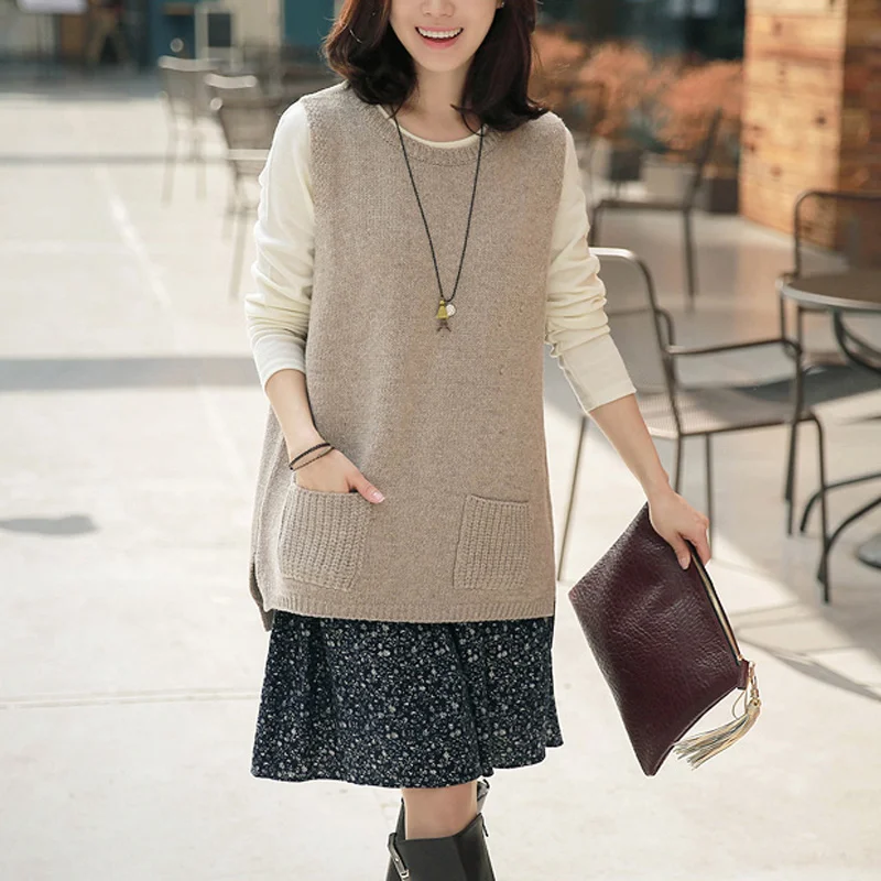 Knitted Vest Women Casual Round Neck Sleeveless Sweater Loose Knitwear With Back Button Pockets Outwear Female Oversize Pullover | Женская