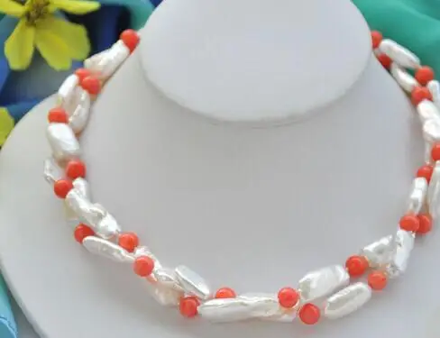 

Beautiful 2Strds 20mm WHITE DENS BIWA PEARL PINK CORAL bead NECKLACE 19inch