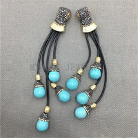 my0137 blue turquois beads tassel pendant with gold plate pave rhinestone macrame pendant for women necklaces jewelry making