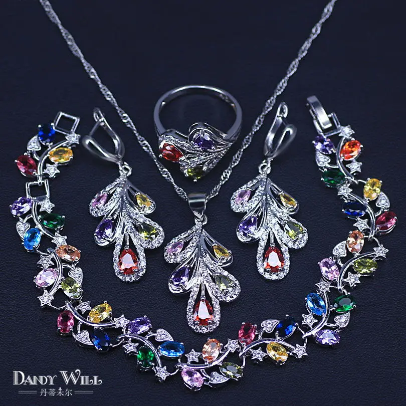 Jewelry Set 4 шт большой лист многоцветные элегантные женские вечерние браслеты из стерлингового серебра 925 кубического циркония Ожерелье Браслеты, набор ювелирных украшений - Окраска металла: Jewelry Set