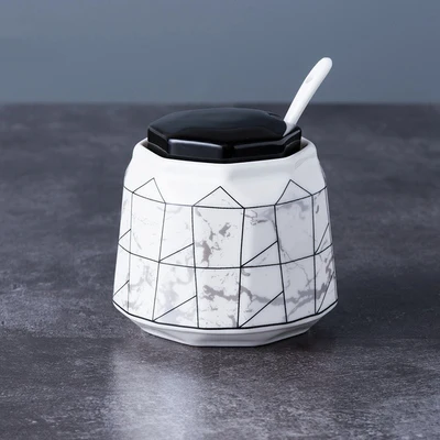 Геометрические линии дизайн сахарница домашняя кухня Ceramica для соли и специй Приправа сахарный контейнер для хранения с крышкой ложки - Цвет: 1 pcs no tray