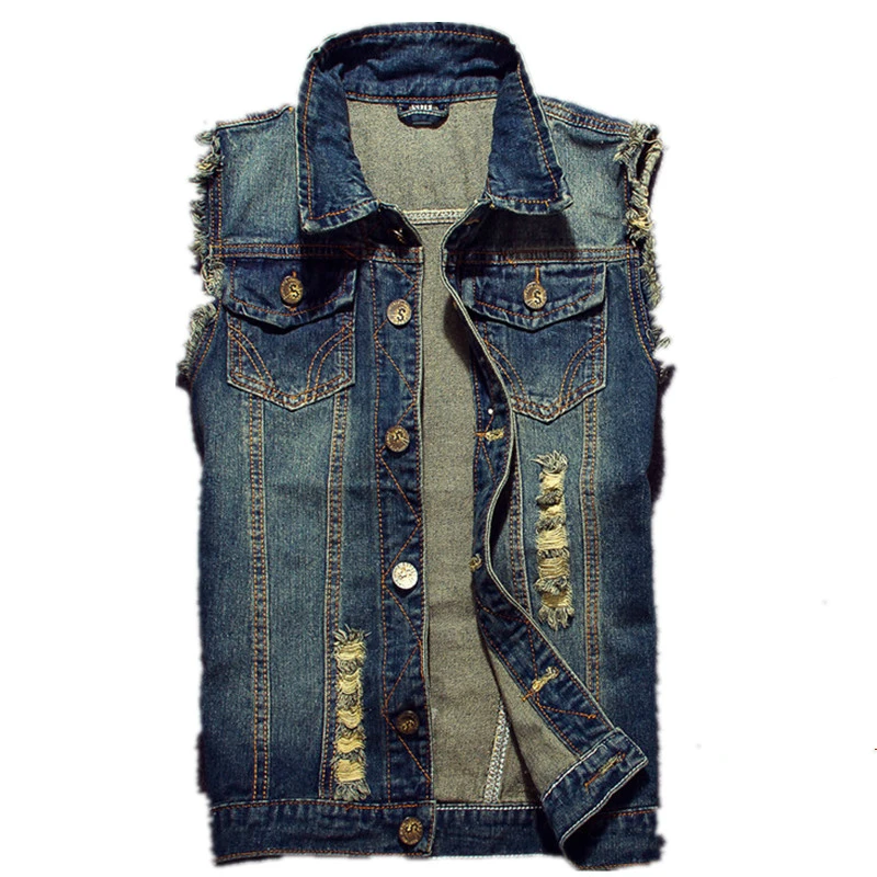 

2019 Men Cowboy Brand Sleeveless Jacket Ripped Jean Jacket Men's Denim Vest Hip Hop Jean Coats Waistcoat Male Tank Plus Size 6XL