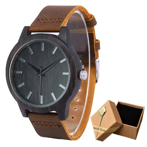 brown watch with box Бамбуковые деревянные часы мужские минималистичные дизайн из натуральной кожи ремешок кварцевые наручные мужские часы как подарки relogio masculino - Цвет: brown watch with box