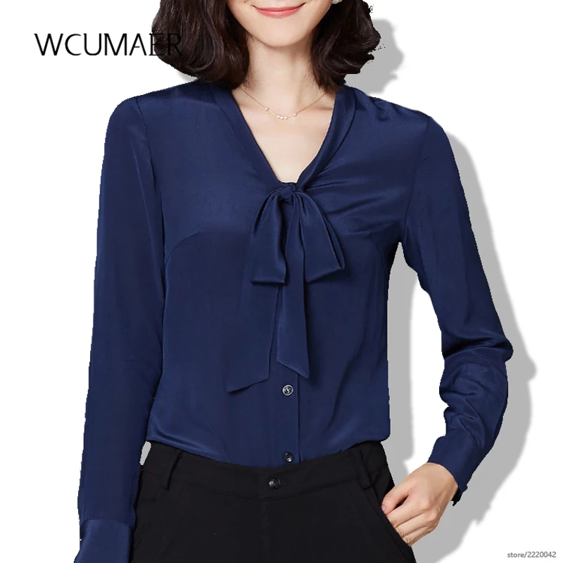The new women's bow long sleeved shirt and loose women slim stretch silk tie female white |