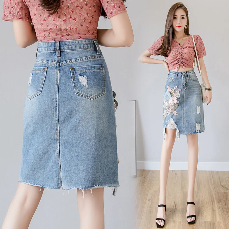 Летняя юбка 2019 Для женщин Высокая Талия юбки Джинсовая с вышивкой женская обувь