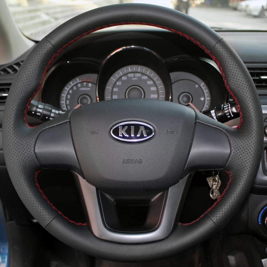 Черный кожаный ручной сшитый чехол рулевого колеса автомобиля для Kia K2 Kia Rio 2011 2012 2013