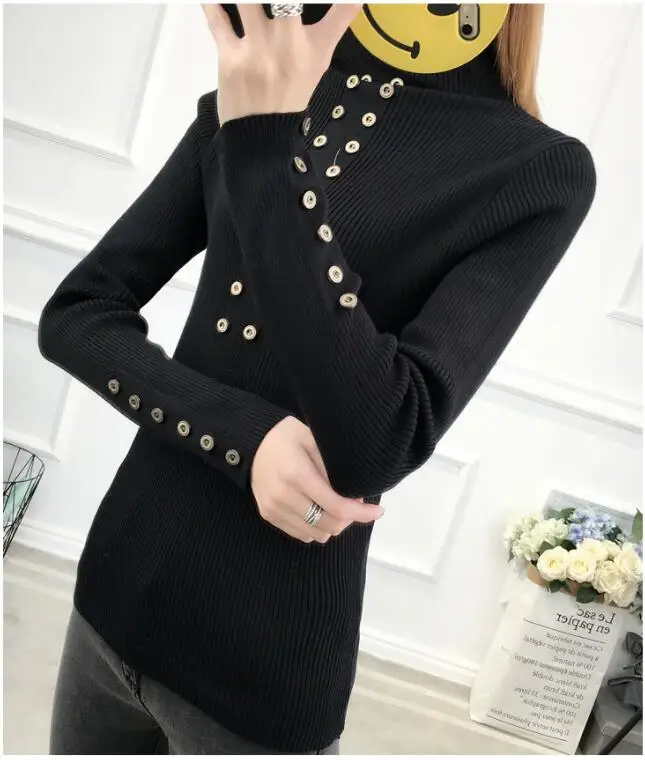 Button Turtleneck Winter Sweater Women 2019 Knitted Pullover Female Jumper Tricot Women's Tops Pull Femme White Black | Женская