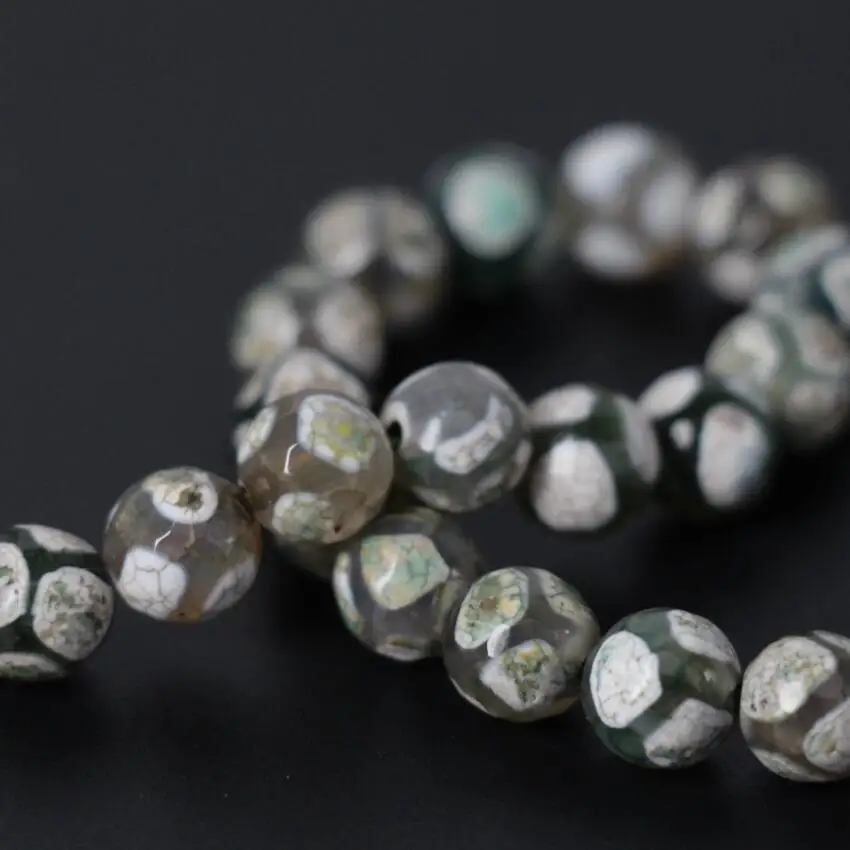 Different size 3Strand/Lot White&Green Football Stripe Tibetan Dzi Onxy Faceted Round Loose Beads Wholesale,DIY Jewelry Making