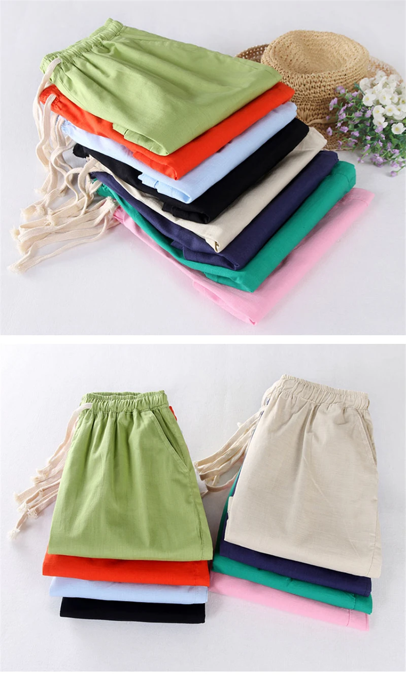 Летние короткие женские, большие размеры, высокая талия, хлопок, лен, короткие Feminino, свободная широкая одежда для женщин, эластичная с поясом 3xl