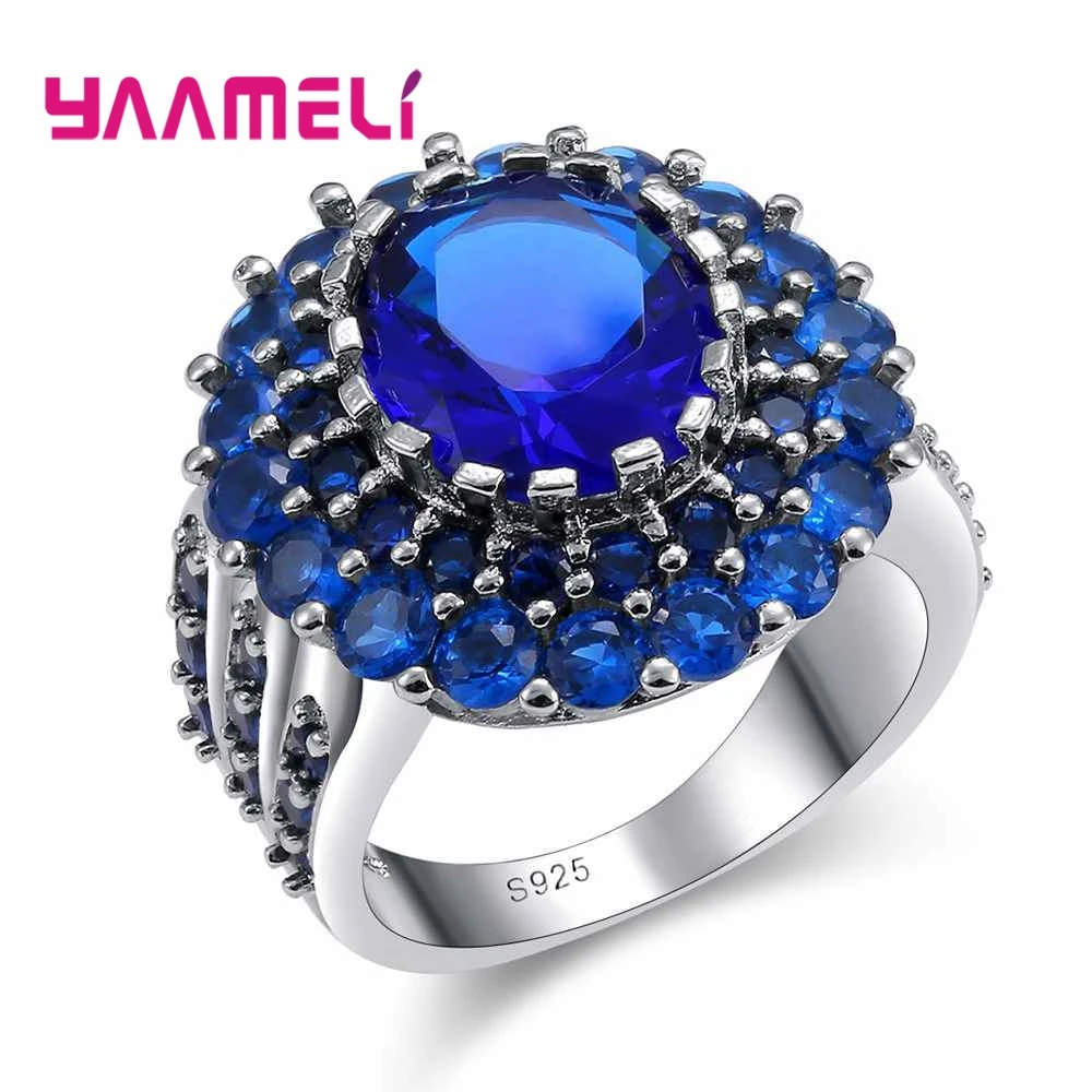 

Charming Romantic Blue Flowers Crystal Stone Rings 925 Sterling Silver Cubic Zirconia Party Jewelry For Women's Day
