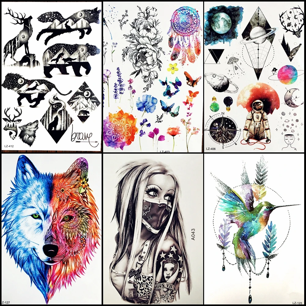 Временные татуировки с дизайном планет, животных: медведя, оленя, льва, волка, звезды, луны, гор, леса, черные и водонепроницаемые.