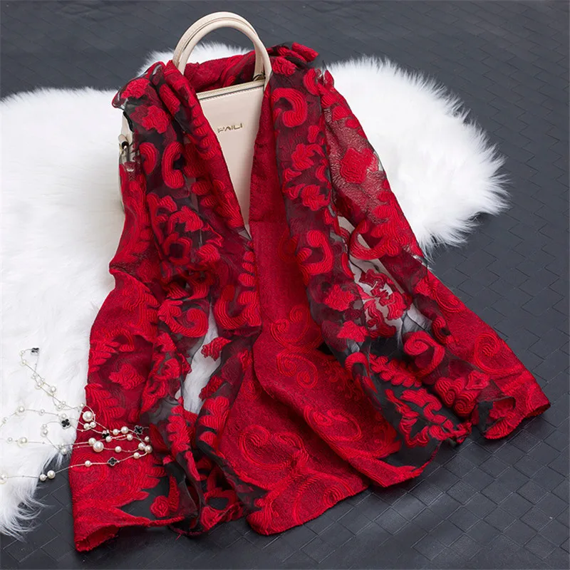 2019 hot sale silk scarf womens summer breeze lightweight sheer wrap and shawls bandana beach organza gauze lace hollow |