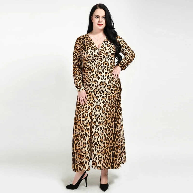 Witsources Женские Длинные рукава леопардовая расцветка длинные платья V шеи