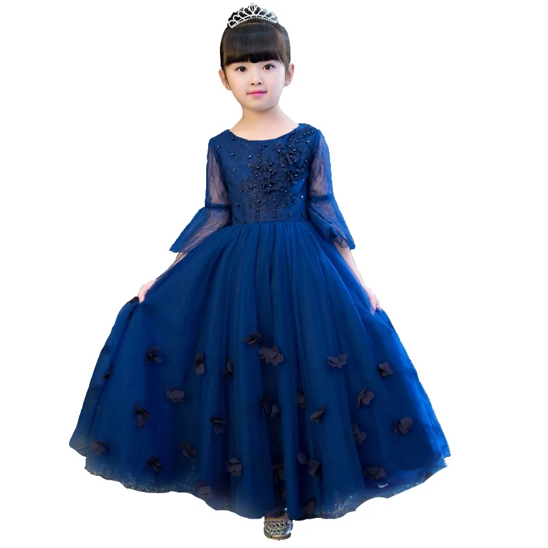 

Flare Sleeve Floral Girls Evening Dresses New Appliques Ball Gown Dress Princess Girl Navy Blue Bending Party Dress JF389