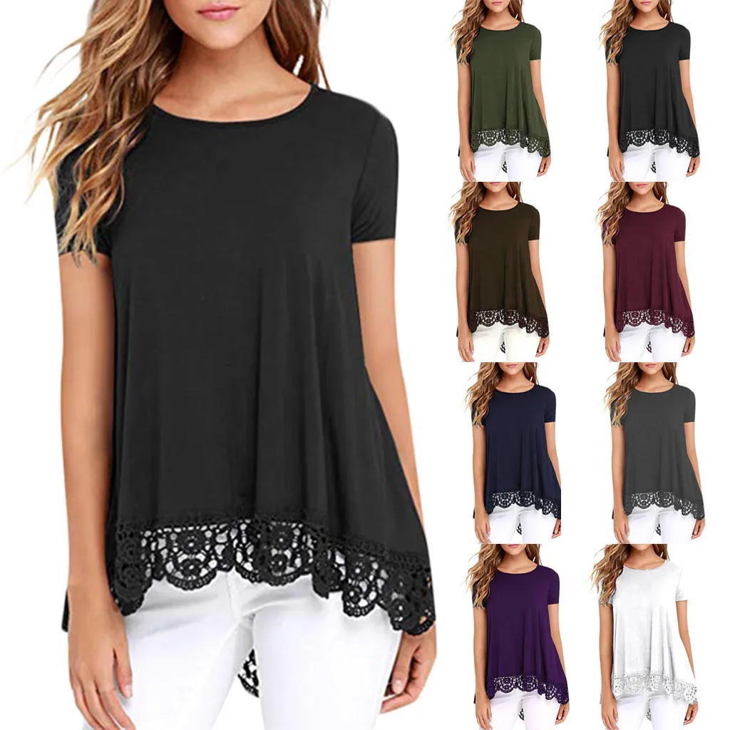 Женские блузки Camisa Feminina, повседневные топы с круглым вырезом и коротким рукавом, свободные кружевные лоскутные топы, туника, блузка Blusas Mujer De блузка Moda