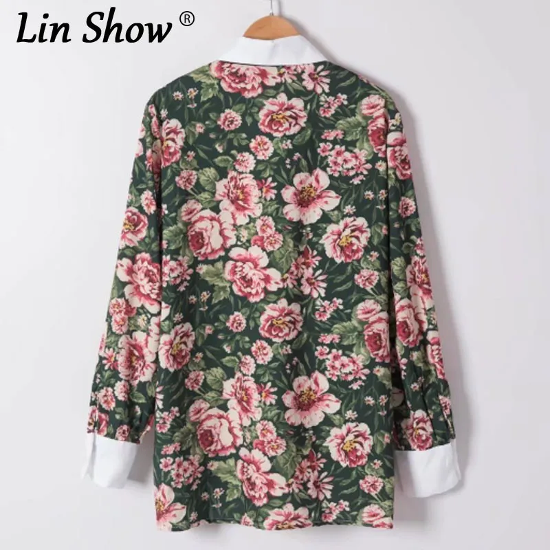Linshow зеленый с цветочным принтом Для женщин S Топы корректирующие и Блузки для