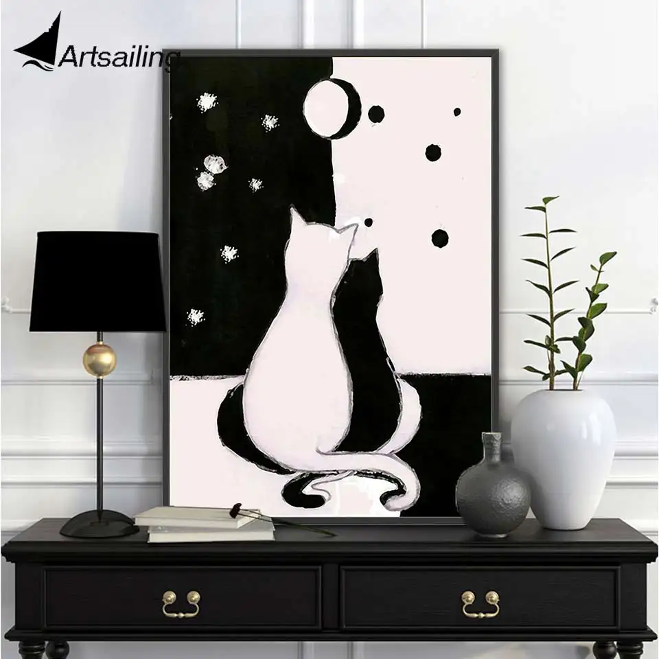 ArtSailing Abstract Nordic canvas art Cute Cat Lovers in Moon Pictures for Living Room modern Painting Home decoration posters | Дом и сад