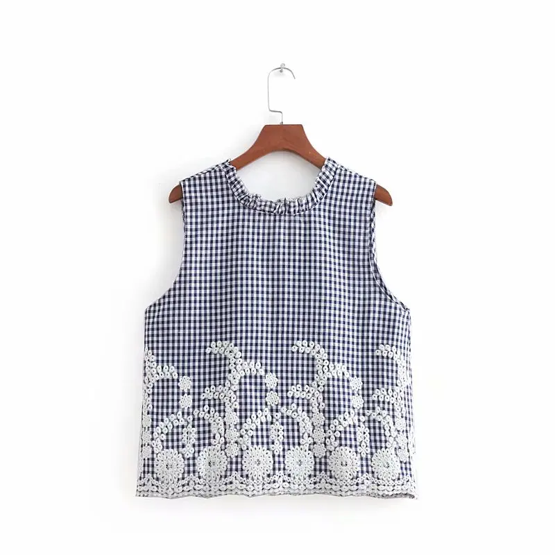 2018 women sweet sleeveless ruffles back v plaid vest blouse office shirt hem hollow out embroidery femininas blusas tops LS2320 |