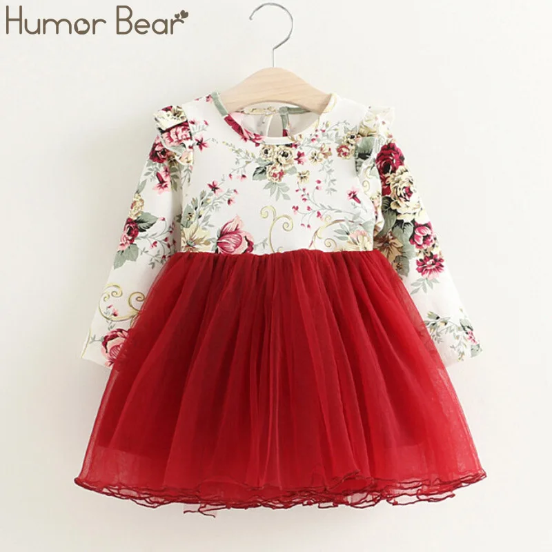 red 499 Humor Bear/платье для маленьких девочек; коллекция года; сезон весна-осень; новое Брендовое Сетчатое рождественское платье принцессы с длинными рукавами и цветочным принтом; Одежда для девочек - Цвет: red 499