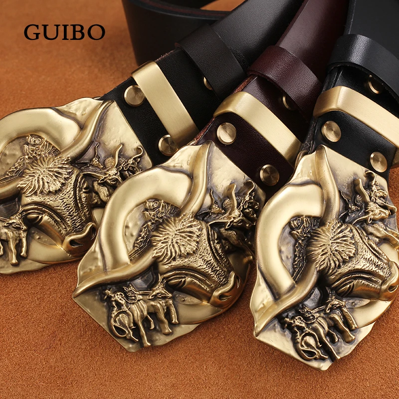 GUIBO Bull Винтаж таблички Пряжка корова пояса из натуральной кожи для мужчин