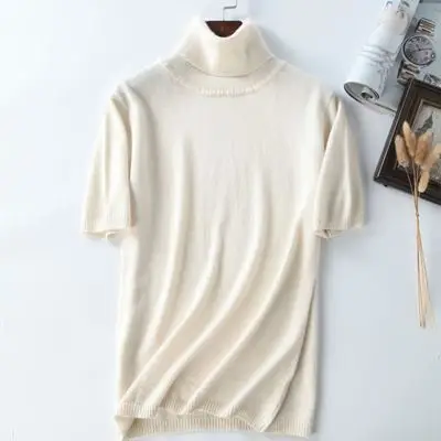 Свитер с пятиточечным рукавом и высоким воротником, летний женский кашемировый тонкий короткий вязаный пуловер с коротким рукавом, свитер с коротким рукавом - Цвет: Белый