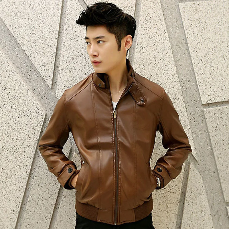 Мужская кожаная куртка бомбер с воротником стойкой|fashion leather jackets men|leather jacket menpu men |