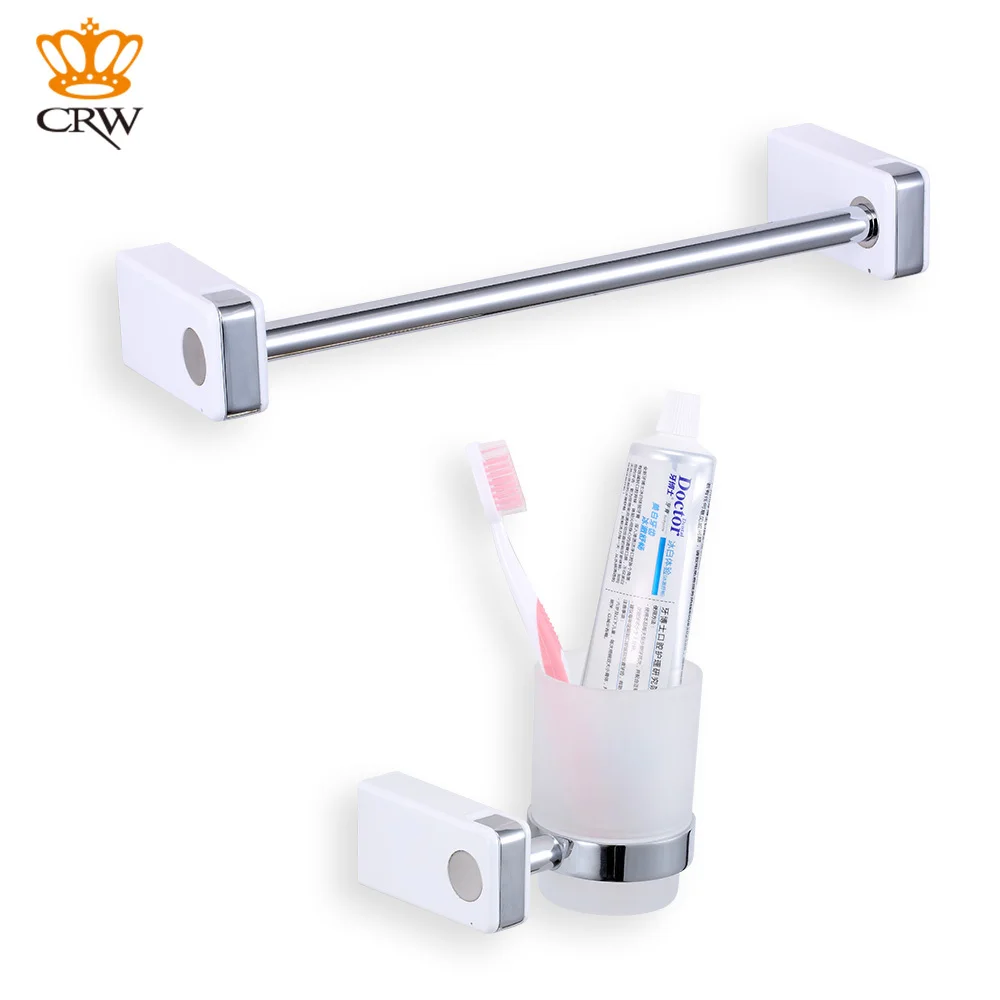 CRW 2 Pieces Bathroom Accessory Set Single Towel Rack Bar + Toothbrush Holder Tumbler with Hook Wall Mount | Обустройство дома