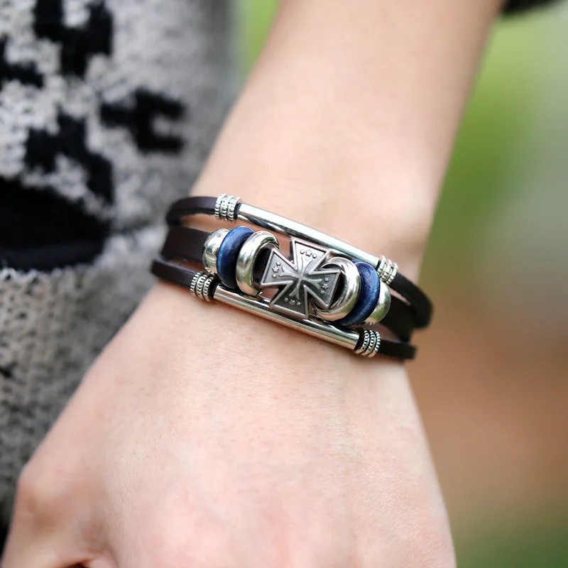 New 2016 Vintage Retro Genuine Leather Bead Bracelet Characteristic Cross Multilayer Bracelets &amp Bangles For Women Men Black | Украшения