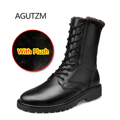 AGUTZM L5858 черный модные высокие на шнуровке из натуральной кожи нескользящая резиновая подошва Для мужчин; армейские ботинки с плюшем размеры: 35-52 - Цвет: Black with plush