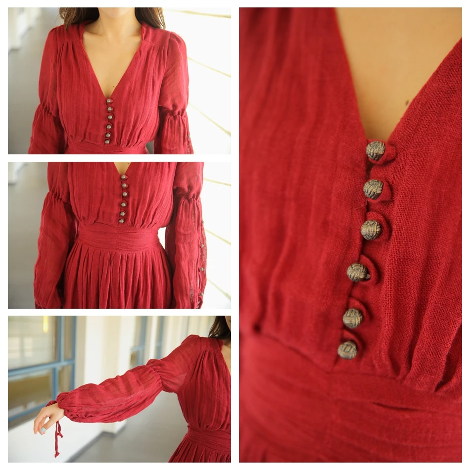 Женское красное платье макси в национальном стиле свободное из хлопка и льна