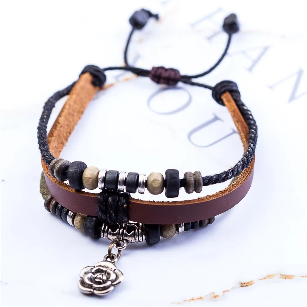 Кожаные браслеты для женщин и мужчин ювелирные изделия подвеска в виде цветка