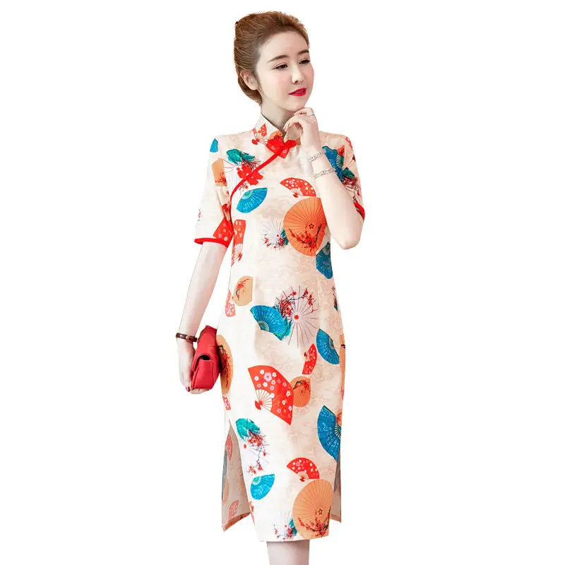 

New Vintage Summer Cheongsam Dress 2019 Fashion Elegant Large Size Women Slim Print Pencil Dress Split Vestidos For Party f692