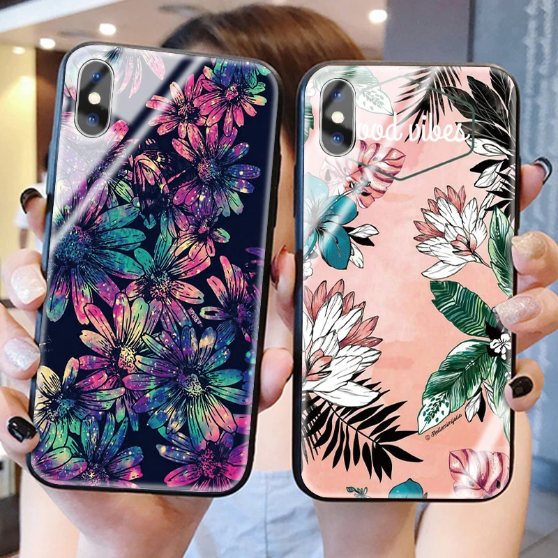 Акварельный чехол из закаленного стекла для телефона для iphone 5, 6, 7, 8, 6s, разноцветный цветок, 6s plus, 7 plus, 8 plus, x, xr, xs, xsmax