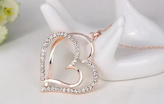 Ожерелье с подвеской в виде двойного сердца кристаллами летнем стиле роскошное