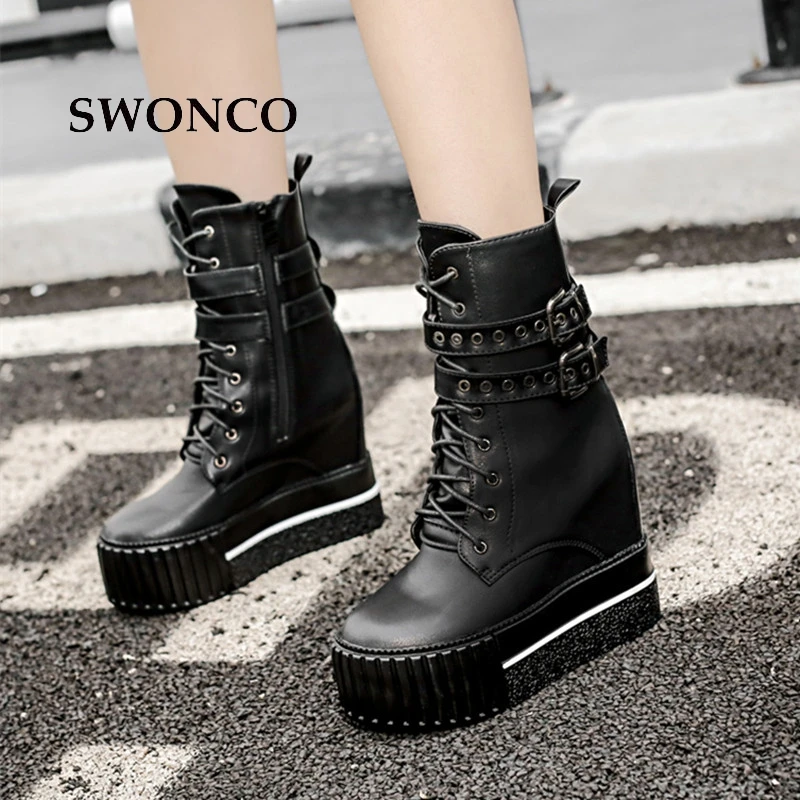 

SWONCO Women's Riding Boots 2018 Punk Style Leather Height Increase Ladies Boot Women Boots High Heels Platform Woman Boot Shoes