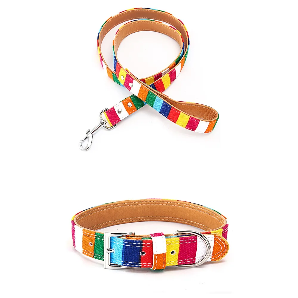 Collar leash set Поводок для собак, Цветной полосатый поводок для собак, ошейник для собак, Щенячий канат, шлейка для чихуахуа, поводок для кошек, аксессуары для домашних животных LX0002 - Цвет: Collar leash set