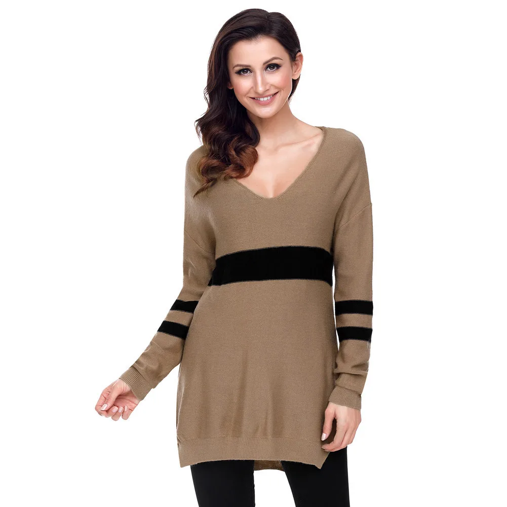 Women Warm Casual Sweater V Neck Patchwork Loose Knit pullovers Long Tops the of European And American | Женская одежда
