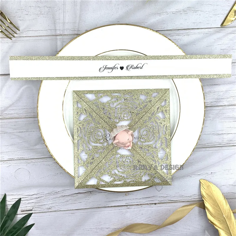 Luxury Glitter Champagne Square Laser Cut Wedding Invitation with Customized Insert, Belly Band And Envelope