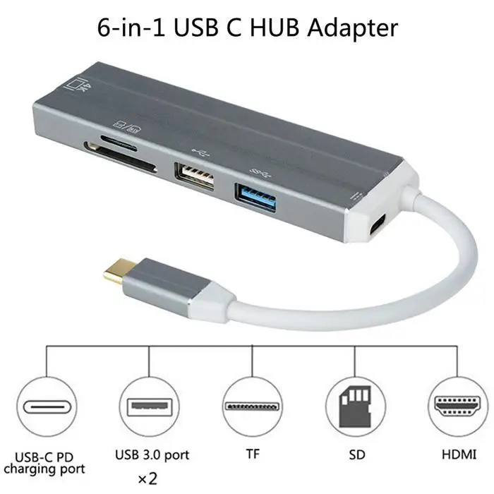 Type-C Hub Six-in-one Type C to HDMI USB with TF/SD Card Reader Support PD Charging | Электроника