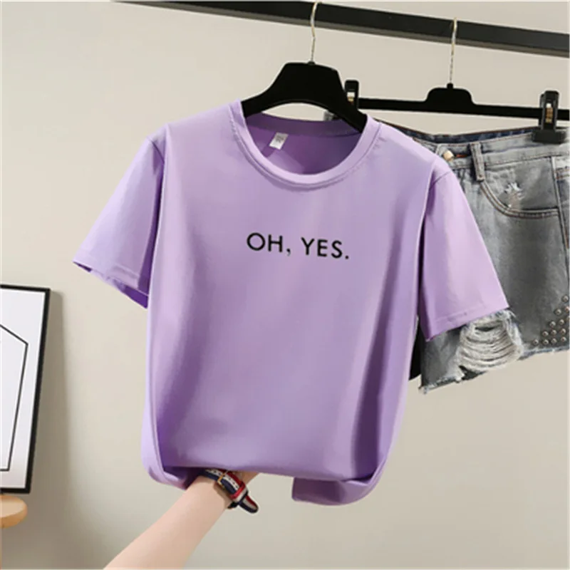 Женская футболка с буквенным принтом Oh Yes желтая круглым вырезом и коротким