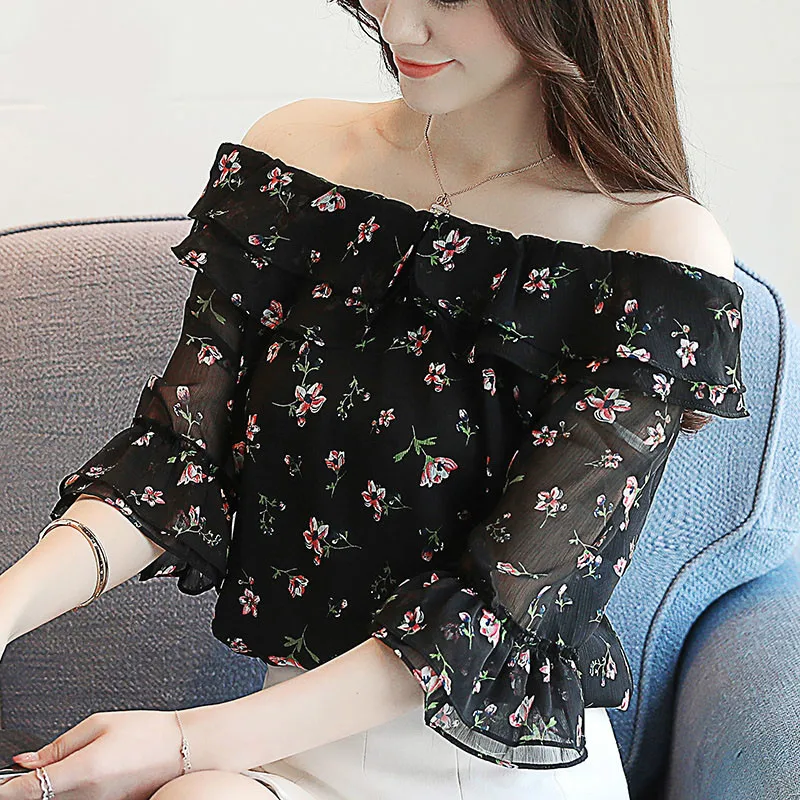 

Women blouse and tops 2019 off shoulder top chiffon blouse ladies tops fashion clothing Ruffles Floral Slash neck