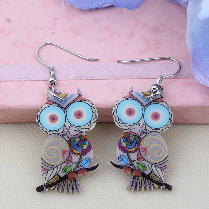 Висячие серьги Bonsny в виде совы большие длинные висячие акриловые милые узоры