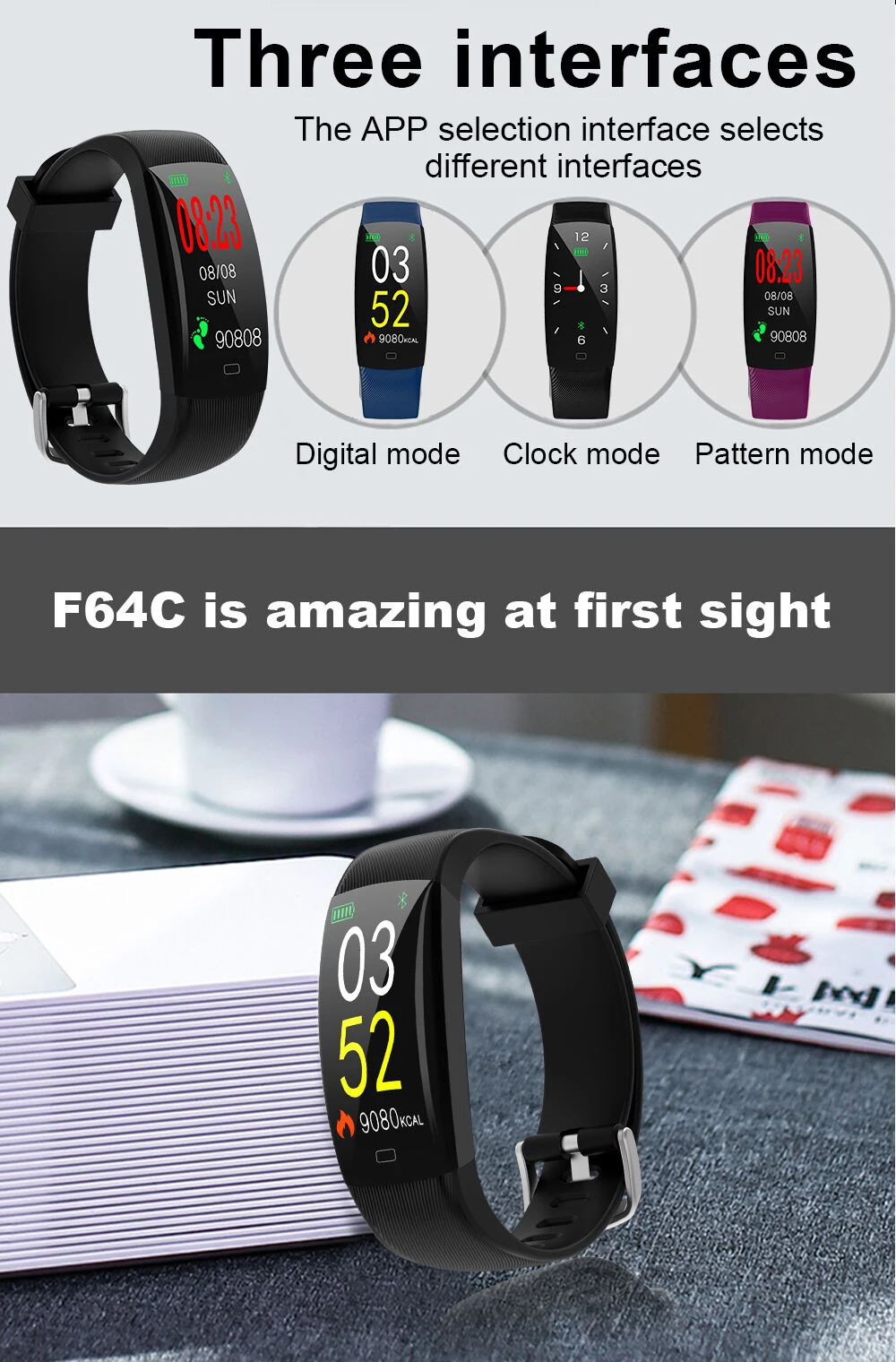 F64C bluetooth Смарт-браслет пульсометр спортивные часы Смарт-браслет Mp3 Фитнес-трекер Смарт-браслет для IOS android apple watch