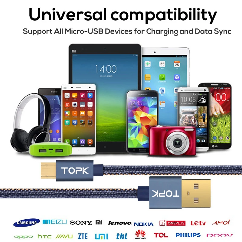TOPK [5-Pack] mi cro USB кабель в джинсовой оплетке для синхронизации данных, USB кабель для мобильного телефона для Xiao mi redmi 4x mi 5 samsung huawei sony LG